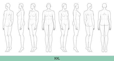 Set of XXL Women Fashion template 9 nine head size Croquis plus size Lady with main lines model body figure front, side, 3-4, back view. Vector outline sketch girl for Illustration, technical drawing