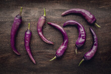 Buena Mulata Hot Chili Pepper, An Ornamental And Edible Cayenne Variety, Freshly Picked In Its Purple Stage