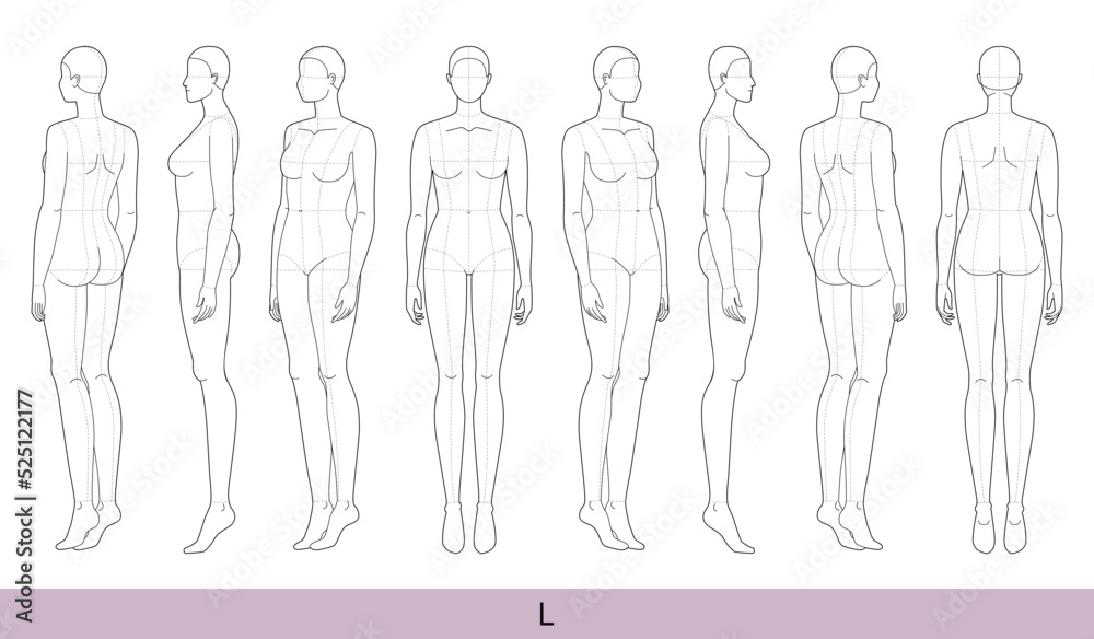 Set of L Women Fashion template 9 nine head size Croquis oversize with ...