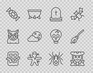 Poster - Set line Chocolate bar, Witch, Tombstone with RIP written, Voodoo doll, Candy, Moon stars, Spider and Witches broom icon. Vector