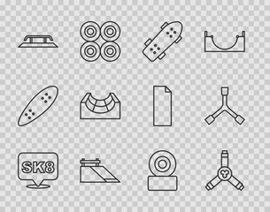 Set line Skateboard, Y-tool, park, stairs with rail, wheel and icon. Vector