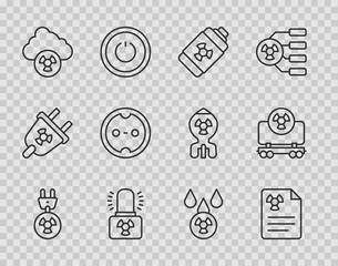 Poster - Set line Radiation electrical plug, warning document, Nuclear energy battery, Radioactive lamp, Acid rain and radioactive cloud, Electrical outlet, and cargo train icon. Vector