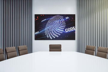 Poster - Abstract creative fingerprint illustration on tv display in a modern presentation room, personal biometric data concept. 3D Rendering