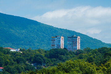 Poster - residential buildings in the forested mountains