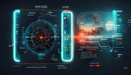 Poster - HUD shuttle spacecraft digital screen interface, user interface or graphic interface of a sci-fi space game. Aim system. Futuristic aiming concept. 3d render
