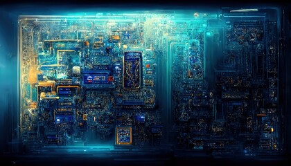Poster - Central Computer Processors CPU concept. Circuit board background. Computer motherboard, digital background. 3d render