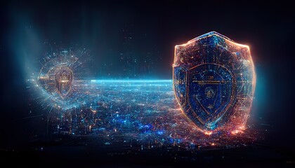 Fototapete - Cyber security concept .Shield icon on secure data global. Security, world protection concept. 3d render