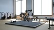 © duyina1990 - 3d rendering Modern light gym. Sports equipment in gym. Barbells of different weight on rack.