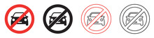Set Of Car Forbidden Signs. No Car Parking, No Parking Road Warning Signs. No Cars Entry, The Red Circle Sing. Vector Illustration.