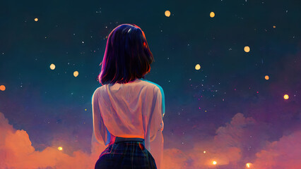 Wall Mural - Anime girl stargazing. Cute girl looking at the night sky. Atmospheric, moody feeling. Manga, lofi style. Sad beautiful background. 4K night. With clouds and stars.