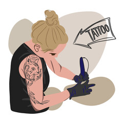 Tattoo artist, master in the process of work, tattoo machine, arm tattoo, flat sketch