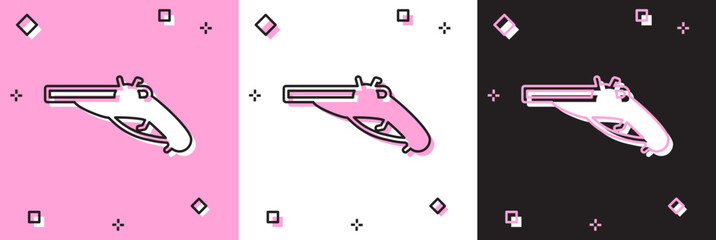 Canvas Print - Set Vintage pistols icon isolated on pink and white, black background. Ancient weapon. Vector