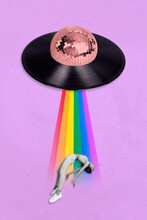 Vertical Collage Image Of Vinyl Record Disco Ball Ufo Absorbing Rainbow Rays Girl Black White Effect Isolated On Drawing Background