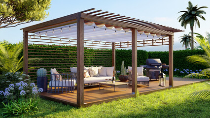 3D illustration of teak wooden outdoor pergola in garden