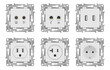 Set of European and American electrical outlets without frames, concealed installation, with connectors for connecting the Internet, television,USB.
Isolated, realistic illustration.