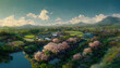 Japanese lanscape. Bird view, drone view. River with mountains in the distance. Agricultural landscape. Digital painting. Colorful sky, dusk. Traditional oriental countryside. Beautiful scenery.