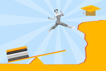 Poster - Creative banner collage of crazy schoolkid opportunity stack textbook jump up mortarboard goal isolated paint background