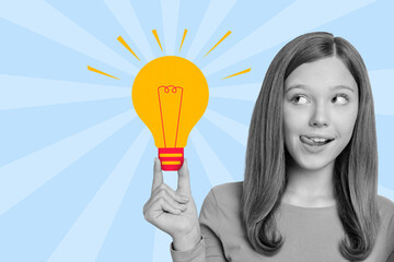 Poster - Collage portrait of funny happy kid girl black white gamma tongue lick look curious arm hold drawing light bulb bright mind