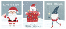 Set Of Christmas And New Year Greeting Cards. Can Be Used For Labels, Congratulations, Gift Bag Design, Invitations, Stickers.