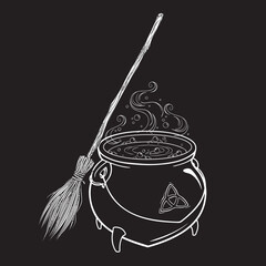 Boiling magic cauldron with broom vector illustration. Hand drawn wiccan design, astrology, alchemy, magic symbol or halloween design