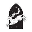 Jackalope hare with horns folklore magic animal over night sky with crescent moon hand drawn line art gothic tattoo design isolated vector illustration