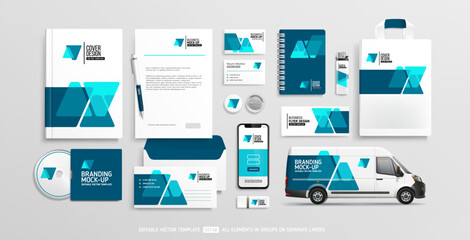 Brand Identity Mock-Up of set with blue abstract geometric design. Business office stationary mockup template of, book cover, van car, brochure, smartphone display. Editable vector stationery mock-up