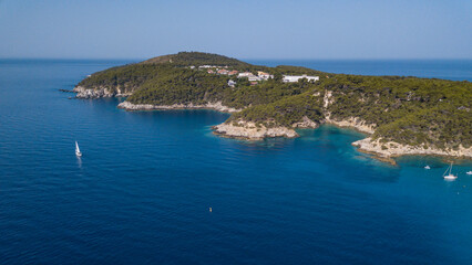  Italy, August 2022: aerial view of the archipelago of the Tremiti islands in Puglia