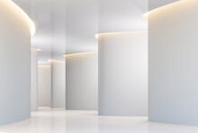 Modern White Space Interior With Curve Wall 3d Render, There Are Glossy Floor And Ceiling Decorate With Hidden Light.