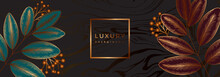 Autumn Luxury Tropical Banner With Golden Leaves. Ficus Branches And Berries In Marble Black Background