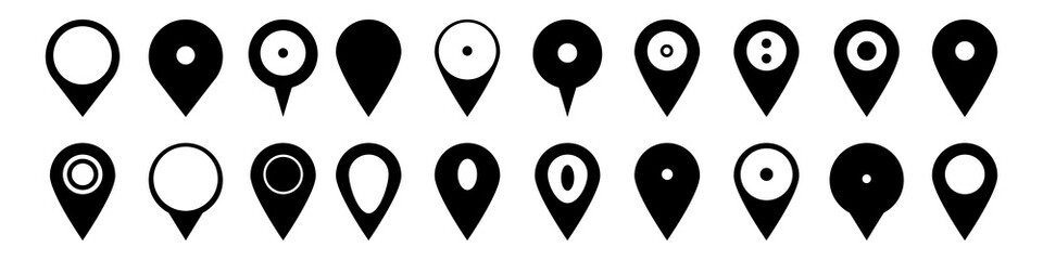 Poster - Map pointers icons set. Map marker in different shapes. Vector isolated on white background.