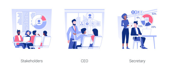 Poster - Board of directors isolated concept vector illustration set. Stakeholders discuss business strategy, CEO at business meeting, secretary of company department, corporation hierarchy vector cartoon.