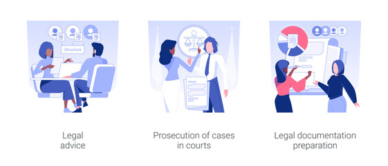 Poster - Legal department isolated concept vector illustration set. Legal advice for corporate business, prosecution of cases in court, legal documentation preparation, corporate lawer vector cartoon.