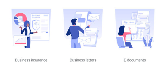 Poster - Business agreements isolated concept vector illustration set. Business insurance, reading letters from partners, e-documents, legal company documentation, correspondence vector cartoon.