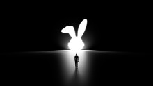 3D Silhouette Of A Man Walking Into A Rabbit Hole.