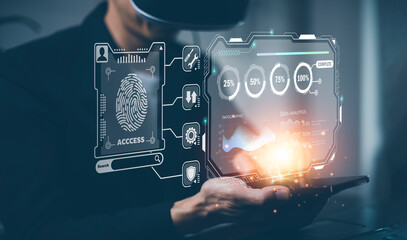 Poster - Man wearing VR glasses virtual touch screen bitcoins graph Screen Icon of media screen,Technology Process System Business with Communication and marketing concept, big data, HR Human, Business success