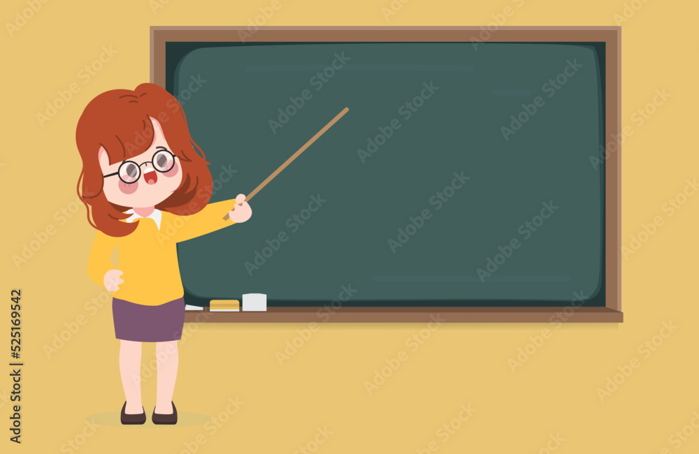 Hand drawn cartoon teacher teaching at blackboard in the classroom background.