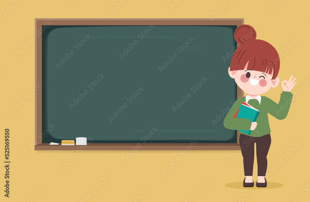 Hand drawn cartoon teacher teaching at blackboard in the classroom background.