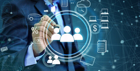 Aufkleber - Young man touching future technology social network button