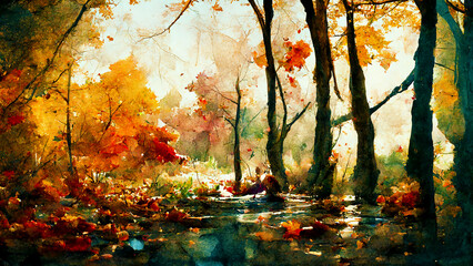 Wall Mural - autumn serene forest setting watercolor, generative ai