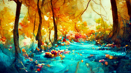 Wall Mural - fantasy forest autumn watercolor, generative ai