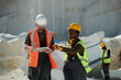 © pressmaster - Two workers of factory situated on territory of marble quarry discussing online manual guide while black woman pointing at tablet screen