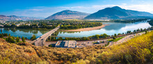 Kamloops Cityscape Skyline In British Columbia, Canada. Panoramic Vista Landscape At Strathcona Park With The Views Of Thompson River And Overlander's Bridge.