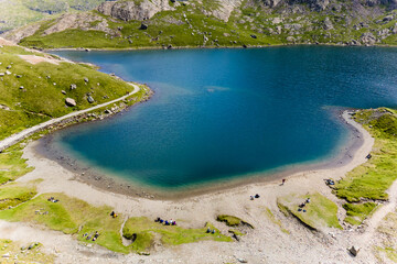 Wall Mural - Aerial view of beautiful mountain lakes in North Wales (Llyn Glaslyn, Snowdonia, Wales)