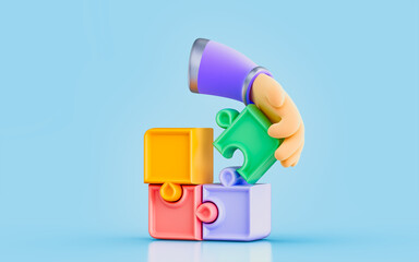 puzzle sign with hand cartoon look 3d render concept for problem solving teamwork