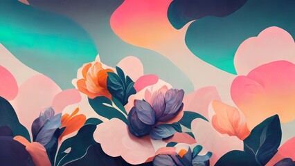 Wall Mural - Floral background with soft pastel colors. 4K organic, colorful flowers pattern. Flower illustration with leafs.  Beautiful abstract background or wallpaper. Pink, orange, blue, peach colors.