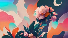 Floral Background With Soft Pastel Colors. 4K Organic, Colorful Flowers Pattern. Flower Illustration With Leafs.  Beautiful Abstract Background Or Wallpaper. Pink, Orange, Blue, Peach Colors.