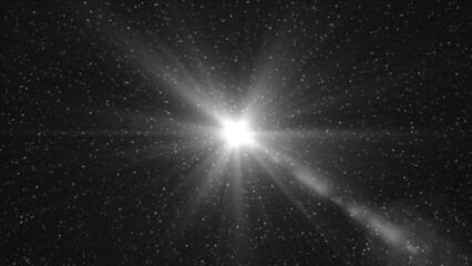 Wall Mural - Traveling through monochrome star field in space. Motion. Deep space background with glowing star and rays.
