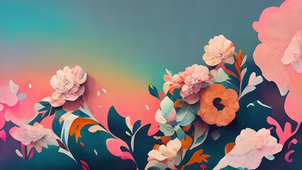 Wall Mural - Floral background with soft pastel colors. 4K organic, colorful flowers pattern. Flower illustration with leafs. Beautiful abstract background or wallpaper. Pink, orange, blue, peach colors.
