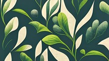 Green Plant And Leafs Pattern. Pencil, Hand Drawn Natural Illustration. Simple Organic Plants Design. Botany Vintage Graphic Art. 4k Wallpaper, Background. Simple, Minimal, Clean Design.