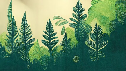 pencil drawn forest. healthy green illustration with watercolor. shades of green. hand drawn nature 
